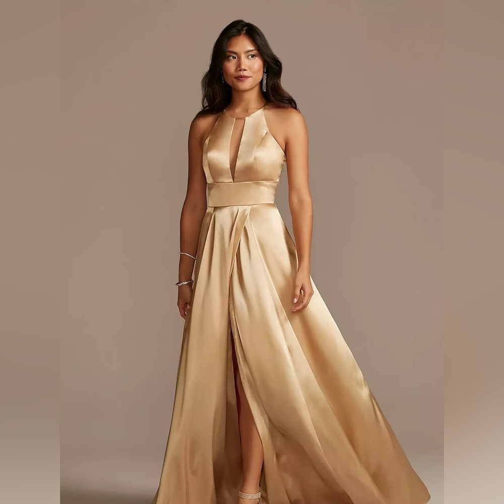 David’s Bridal Galina Signature style Charmeuse Keyhole Crisscross Back Golden